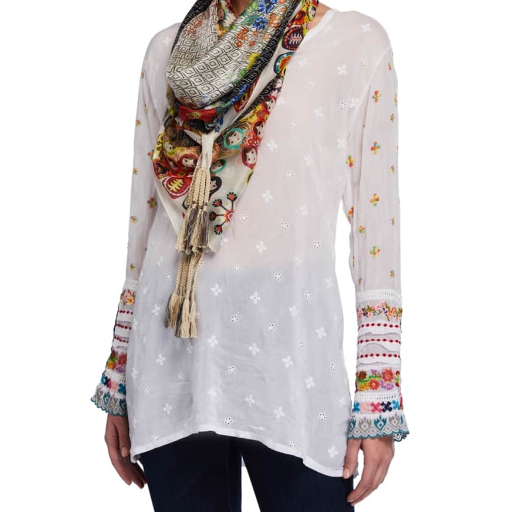 Johnny Was White Eyelet Simple All Over Embroidered Cuffs Peasant Tunic Blouse - Picture 3 of 14